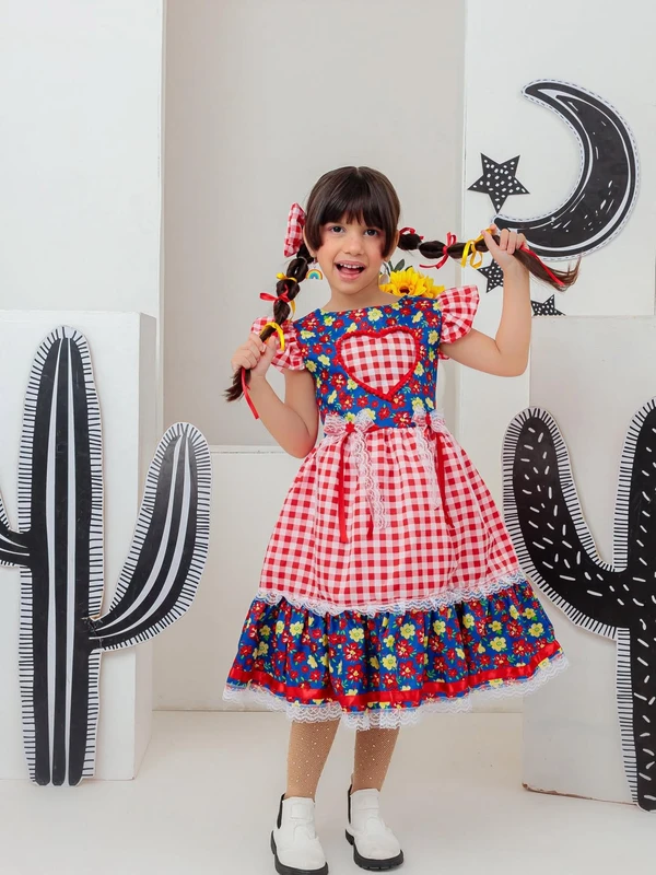 Vestido Junino - Xadrez Floral Com Coração Bordado 
