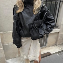 Jaqueta Feminina Oversized Couro Eco Gola Alta Estilo Europeia Vintage Premium Vynara