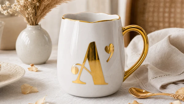Caneca de Porcelana Personalizada com Inicial e Coração Dourado – 380 ml