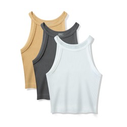 3 Peças Cropped Regata de gola alta sexy，Top curto justo sem mangas，Regata de tricô casual 