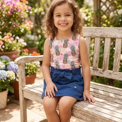  6842 CONJUNTO SUMMER  ABACAXI BODY E SAIA  JEANS TIME KIDS