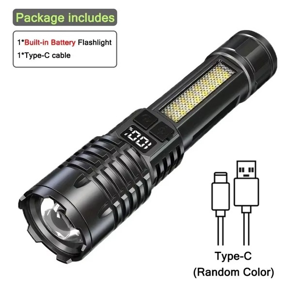 Lanterna led de alta potência poderosa TYPE-C recarregável cob lanterna com luz lateral tocha para acampamento ao ar livre caminhadas
