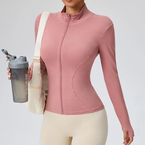 Jaqueta fitness feminina, blusa justa de secagem rápida, coleção outono 2025, manga longa com proteção solar, gola alta, ideal para esportes e Pilates.