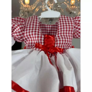 Vestido de Festa Junina - Xadrez Com Aplicações de Cereja 