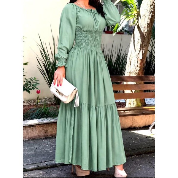 Vestido Longo Feminino Verde Menta Manga Longa Lastex Elegante Moda Evangélica
