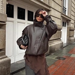 Jaqueta Feminina Oversized Couro Eco Gola Alta Estilo Europeia Vintage Premium Vynara