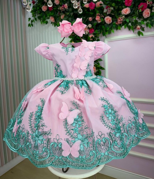 Vestido Luxuoso - Jardim Encanto - Rosa C/Verde Tiffany 