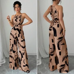 Macacão Feminino Longo Elegante Ombro Pernas Largas e Cintura com Laço Estampa Abstrata