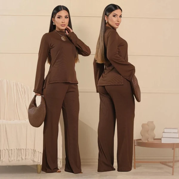 Conjunto Feminino Blusa Gola Alta Manga Longa Flare Mais Calça Pantalona Elegante Inverno Frio