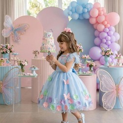 Vestido Luxo Bordado com Aplicações - Jardim Encantado Azul