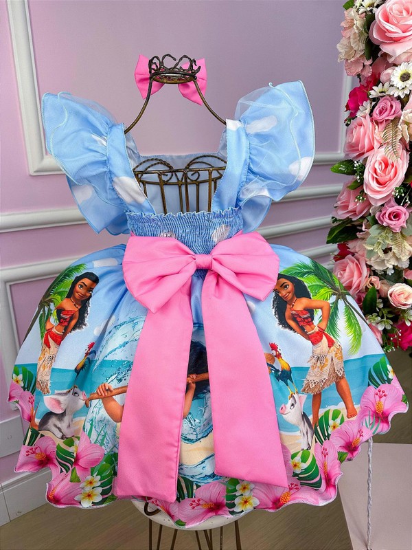 Vestido temático Estampado - Moana - Azul Claro 