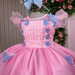 Vestido Fantasia Luxo – Jardim Encantado - Rosa C/Borboletas Azuis 