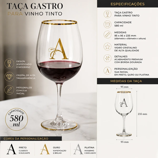Taça Gastro para Vinho Tinto Personalizada com Inicial – 580 ml