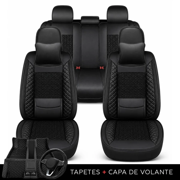 Kit Completo de Capas para Banco de Carro Nureon em Couro Legítimo Universal 5 Lugares Com Airbag + Tapetes e Capa de Volante