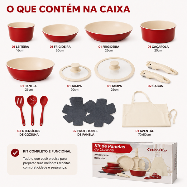 Kit Panelas  Antiaderente com Cabo Removível e Acessórios Ve