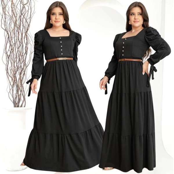 Vestido Longo Feminino Manga Longa Com Perolas E Laço Moda Evangelica Plus Size Para Congresso Luxo