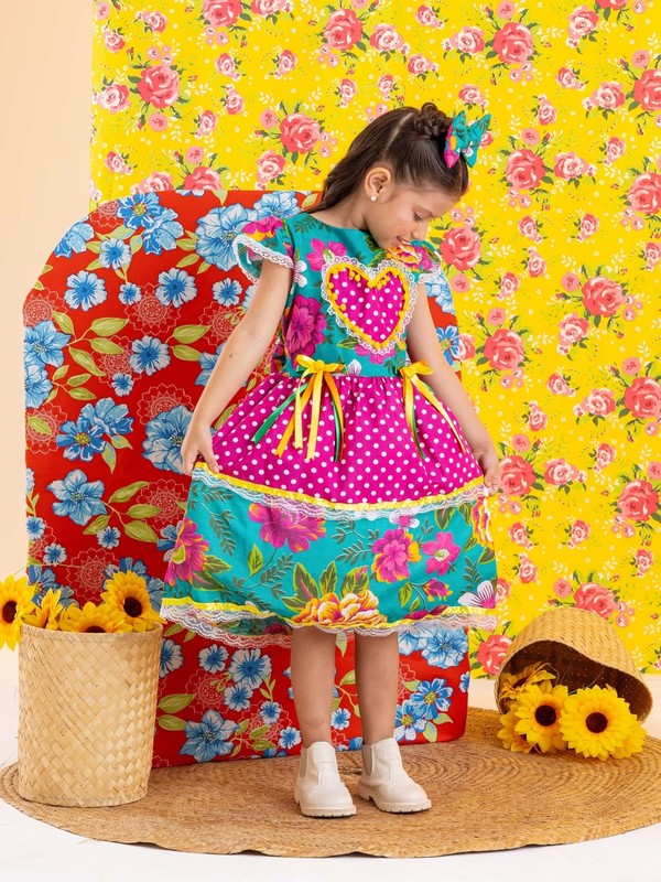 Vestido Junino – Xadrez Com Rosas e Laço - Verde C/Rosa 