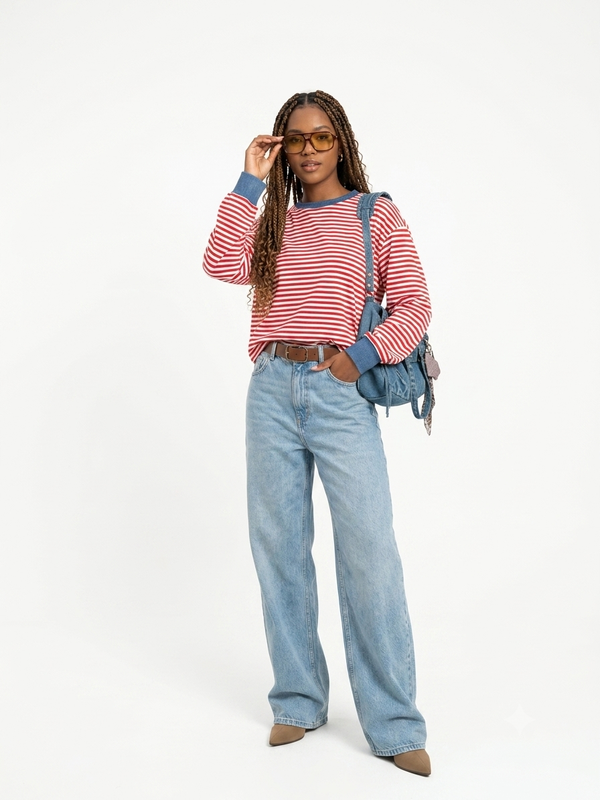 Blusa Listrada Oversized Vermelha e Azul 