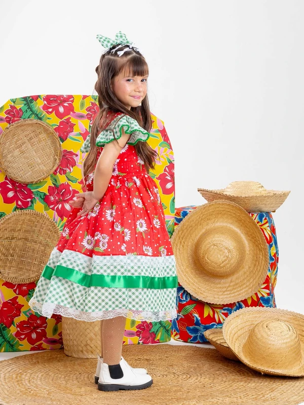 Vestido Junino - Vermelho C/ Verde Xadrez Floral 