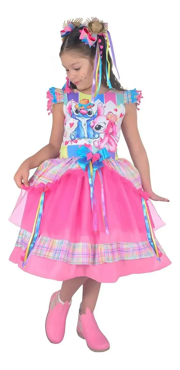 Vestido Stitch e Lilo Festa Junina Xadrez Rosa Quadrilha