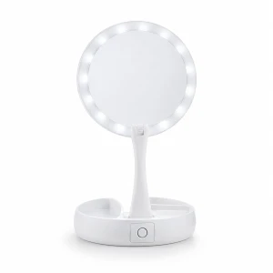 Espelho de Maquiagem LED Dupla Face Aumento 10x Retrátil Portátil com Organizador Branco 