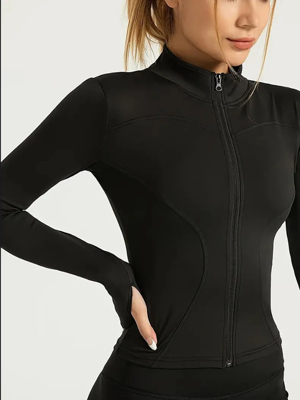 Jaqueta fitness feminina, blusa justa de secagem rápida, coleção outono 2025, manga longa com proteção solar, gola alta, ideal para esportes e Pilates.