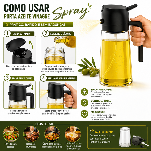 Porta Azeite e Vinagre Spray em Vidro com Borrifador Pulveri