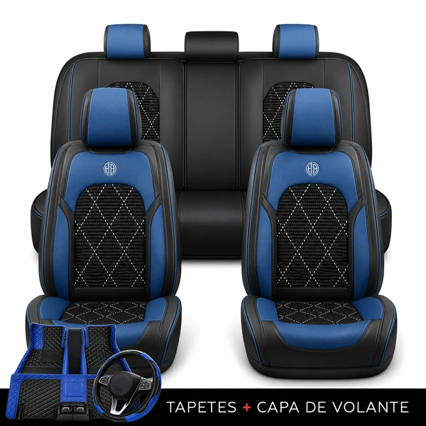 Kit Completo de Capas para Banco de Carro Evurion em Couro Legítimo Universal 5 Lugares Com Airbag + Tapetes e Capa de Volante