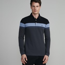 Camisa Polo Manga Longa Piquet Slim Fit - Preto-Cinza Chumbo