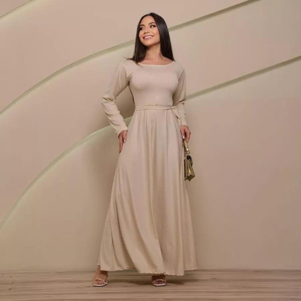 Vestido Longo Godê Canelado Manga Longa Feminino Elegante Inverno
