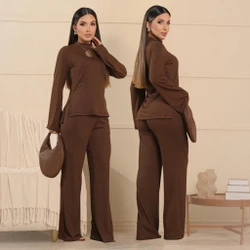 Conjunto Feminino Blusa Gola Alta Manga Longa Flare Mais Calça Pantalona Elegante Inverno Frio