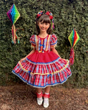Vestido Junino – Vermelho Quadriculado Com Laços