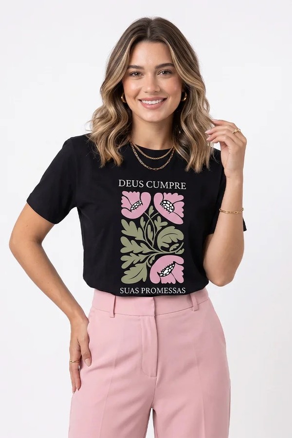 Camiseta Feminina Preta Estampa Deus Cumpre Suas Promessas