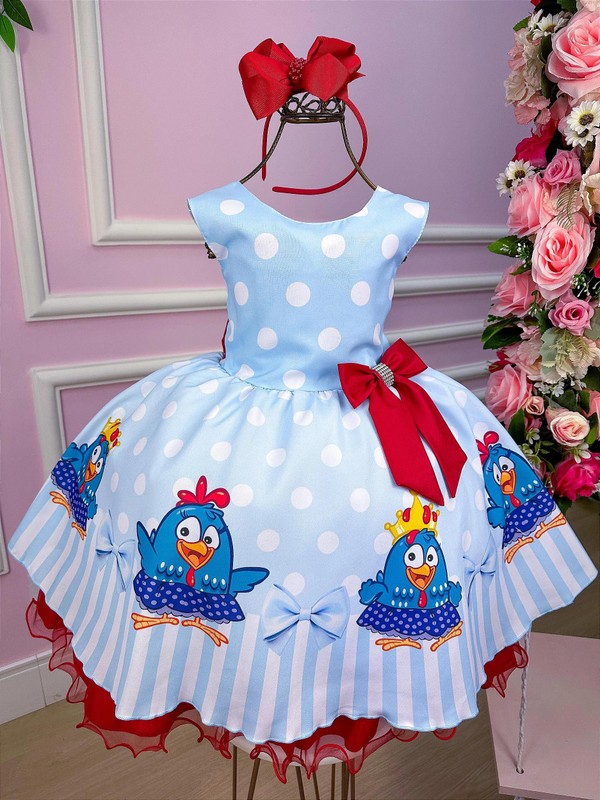 Vestido Temático - Galinha Pintadinha - Azul C/Vermelho 