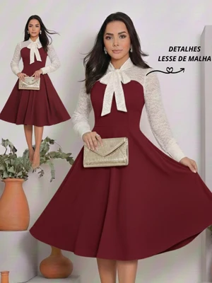 Vestido Feminino Casual Elegante Crepe Malha Detalhe Malha Lesse Moda Evangélica Social Festa 38ao54