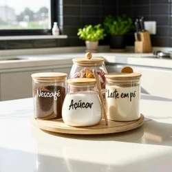 KIT 5 PEÇAS POTES DE VIDRO E BAMBU E BANDEJA GIRATÓRIA