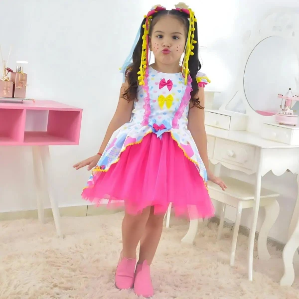 Vestido Infantil Festa Junina São Joao Quadrilha Tule Rosa