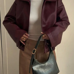 Velour Jaqueta Casual Solta de Couro Sintético Feminina, Ajuste Regular, Outono/Inverno