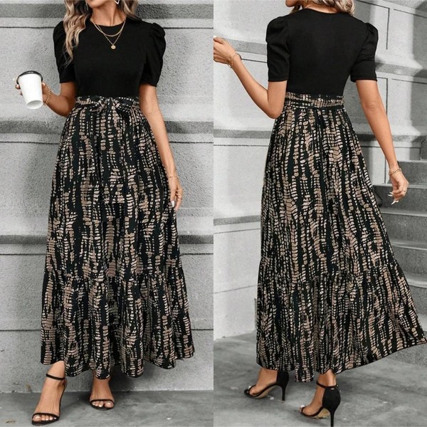 Vestido Longo Estampado Floral Feminino Com Bloco Decote Redondo De Cores Damasco E Cinto Estampado