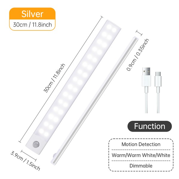 Sensor de movimento sem fio LED Night Light, USB lâmpada recarregável, armário, armário, armário, sob retroiluminação, cozinha