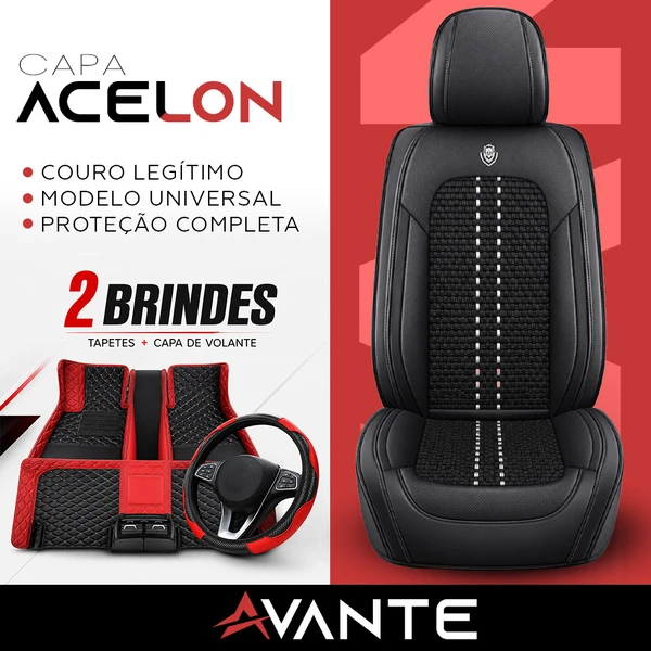 Kit Completo de Capas para Banco de Carro Acelon em Couro Legítimo Universal 5 Lugares Com Airbag + Tapetes e Capa de Volante