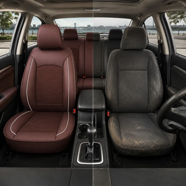 Kit Completo de Capas para Banco de Carro Turbo em Couro Legítimo Universal 5 Lugares Com Airbag + Tapetes e Capa de Volante