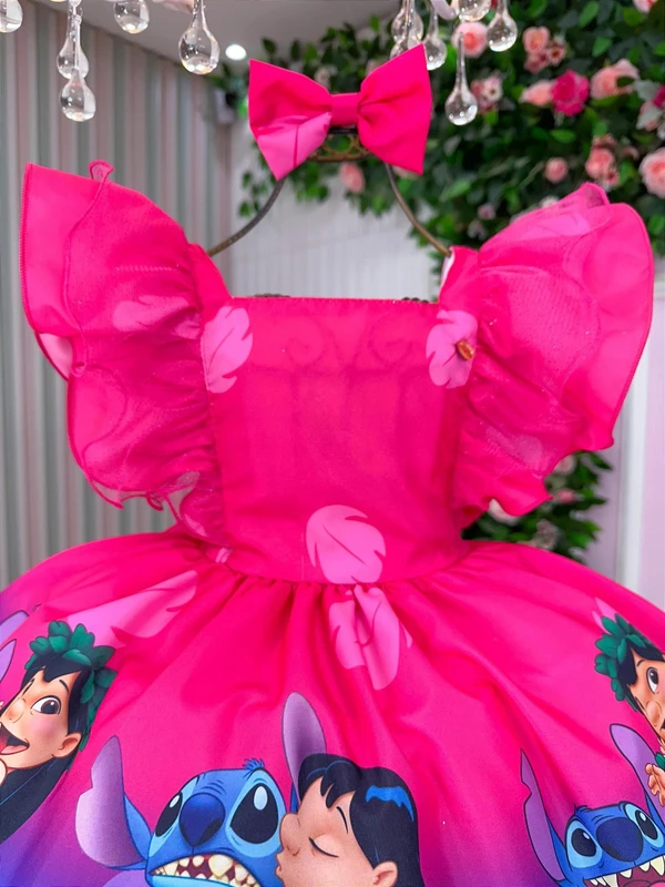 Vestido Temático Luxo Estampado - Lillo & Stitch - Pink  