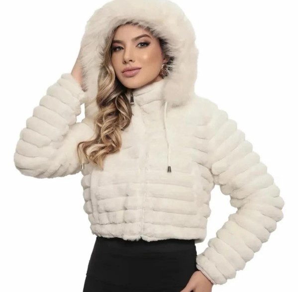 Jaqueta Puffer Teddy Feminina Forrada com Capuz Removível