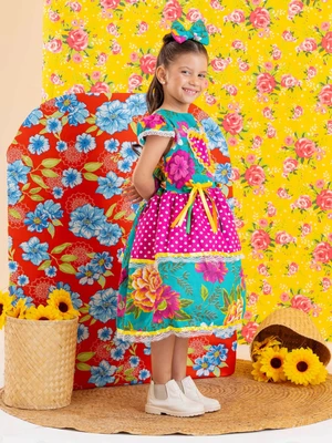 Vestido Junino – Xadrez Com Rosas e Laço - Verde C/Rosa 