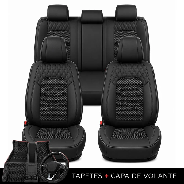 Kit Completo de Capas para Banco de Carro Reverse em Couro Legítimo Universal 5 Lugares Com Airbag + Tapetes e Capa de Volante