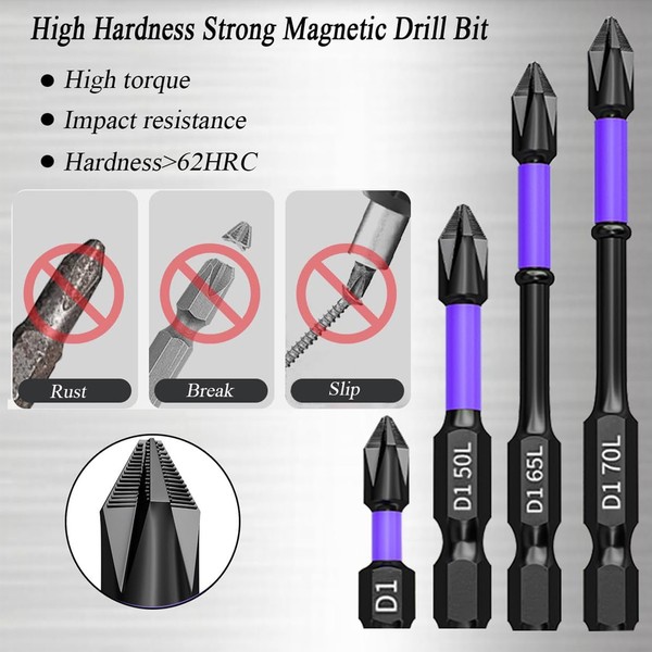 Chave de fenda magnética antiderrapante Bits, Phillips à prova de choque, Impact Bits, Hex Shank, Alloy Steel Bits, Adequado para ferramentas elétricas, 6 pcs, 12 pcs