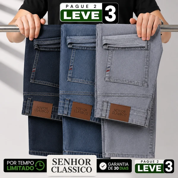 [Leve 3, Pague Só 2] Kit com 3 Calças Masculinas Alveric Jeans com Tecnologia Térmico e Tecido de Algodão Egípcio + BRINDES: Cinto, Carteira e Relógio