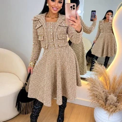 Conjunto Feminino Tweed Xadrez Midi Elegante com Botões Dourados – Moda Executiva Inverno Outono Luxo Casual Chic