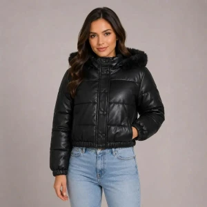 Jaqueta Puffer Feminina De Couro Forrada com Pelinho